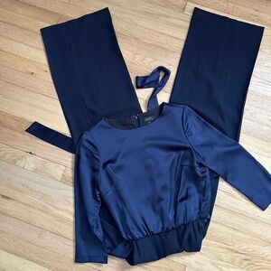 Tahari Navy Blue Satin Wide Leg Jumpsuit